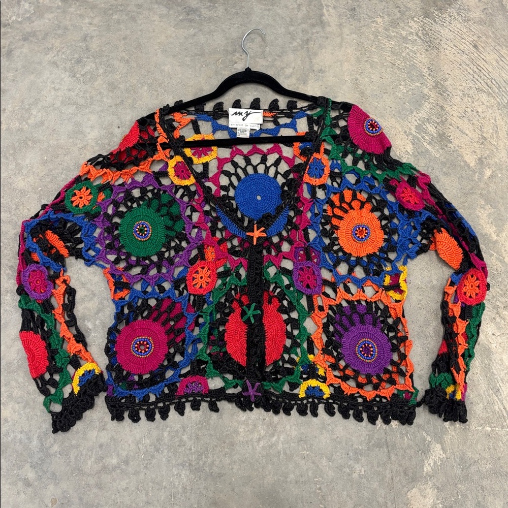 Vintage Crochet Hand Knit Vibrant Colorful Cardigan